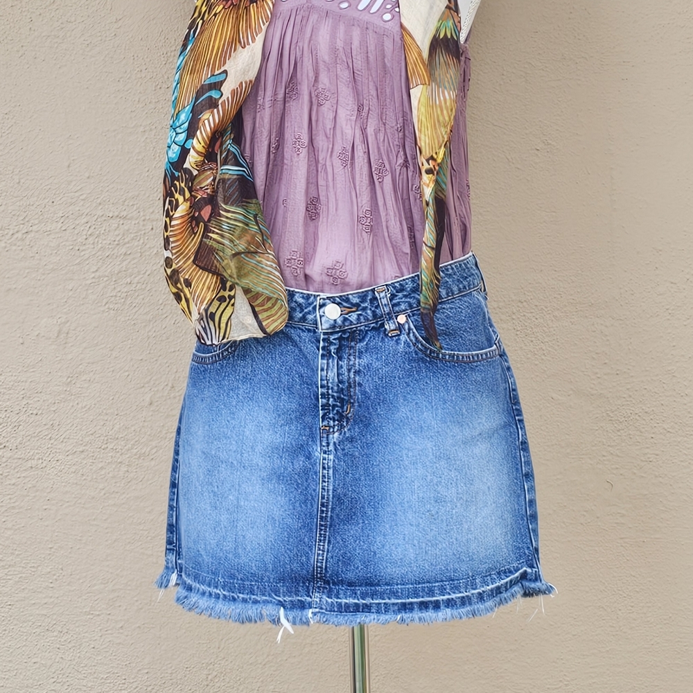 Paris Blues Denim Mini Skirt W/ A Raw Hem Medium Fade Wash